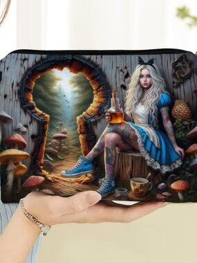 Halloween Dark Goth Steam Punk Alice Makeup Bag Double-Sided 6"h" x 8.7"w